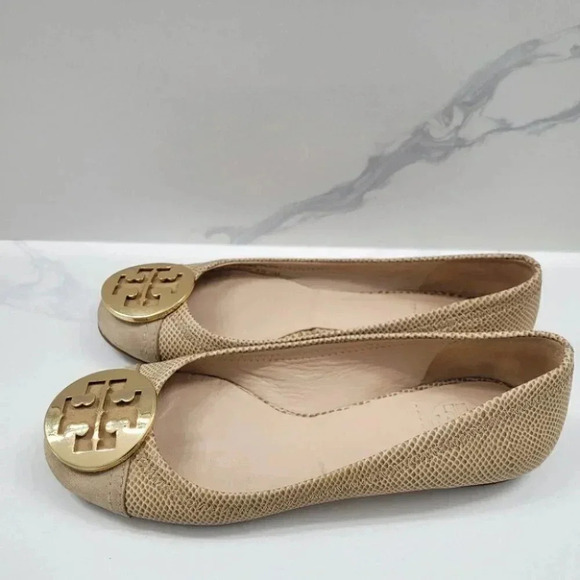 Tory Burch Serena Ballet Flat Vitraux Snake Clay Gold Cap Toe - Picture 3 of 16